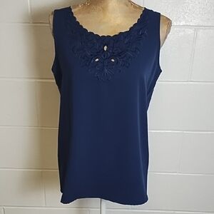 Embroidered with Cut outs Scalloped Neckline Navy Blue Sleeveless Tank Top Shell